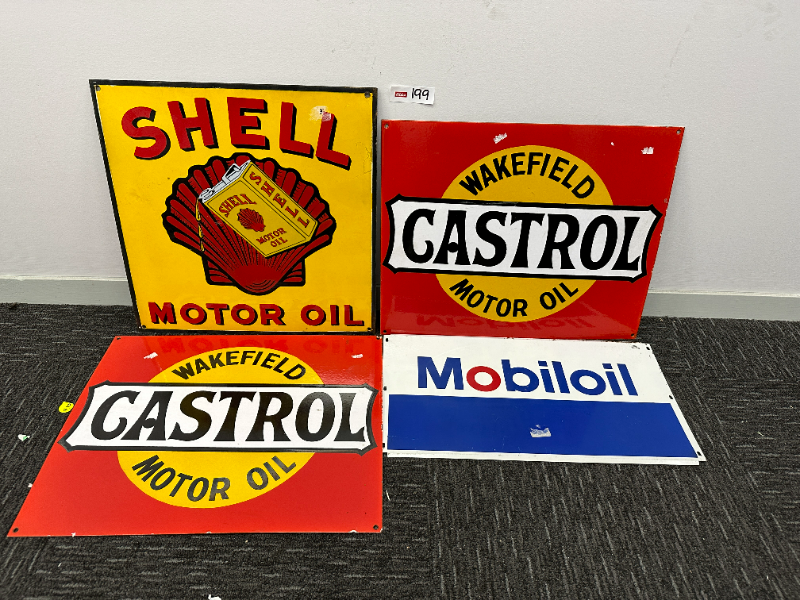 Lot 199 - 2 x Castrol, 1x Shell, 1 x Mobiloil repo signs | AuctionsPlus