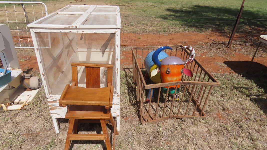 LOT 116 Meat safe, cot, timber play pen, tin bull, timber high chair