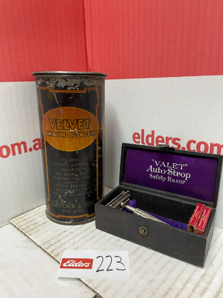 Lot 223 - J Kitchen & son velvet shaving powder tin, Valvet auto strop ...