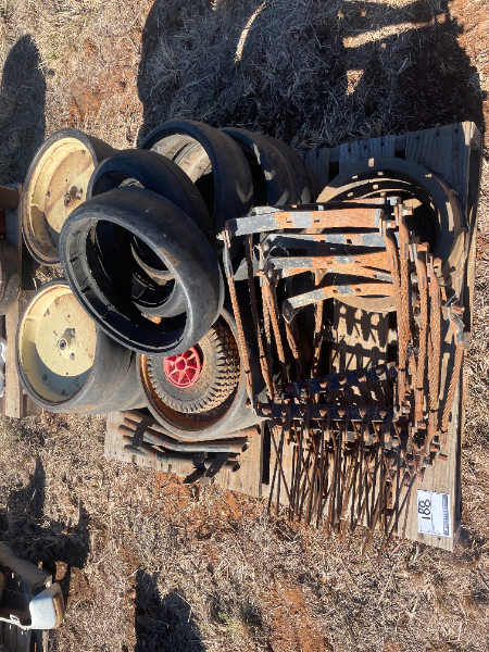 Lot 188 - Sundry press wheels, air seeder tubes, small harrows ...