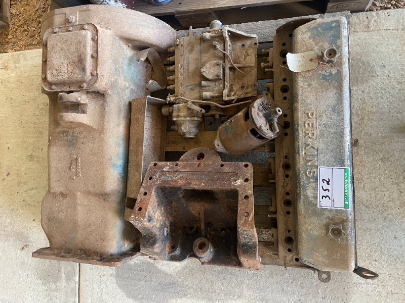 Lot 352 - Perkins P6 engine parts, sump, front axles housing, injector pump, head and rocker ...