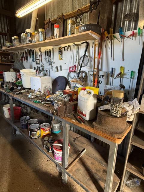 037 · Shelf Contents inc Bench Grinder, Chain, Tools, Wrenches, Screws, Nuts (Used)