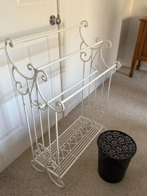 084 · Timber Shelf Cabinet, Towel Rack & Basket (Used)