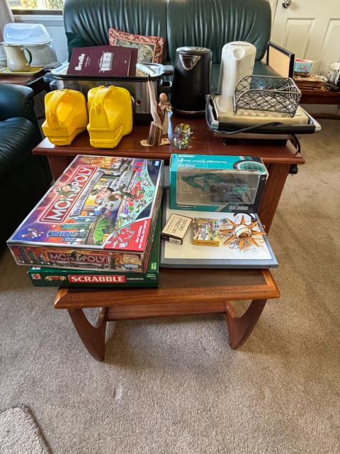 087 · Tables x 2 inc Slow Cooker, Games, Torches (Used)