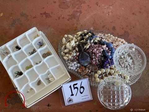 156 · Assorted Jewelry, Crystal Dish, Tray, Etc
