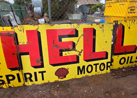 Large 3 piece Shell Ennamel Sign approx 5m long x 1200h 2 x end panels original